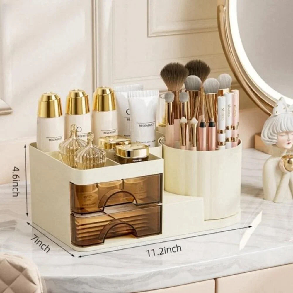 New Cream Makeup Organizer, 2-Drawer Vanity Storage with Rotating Brush Holder